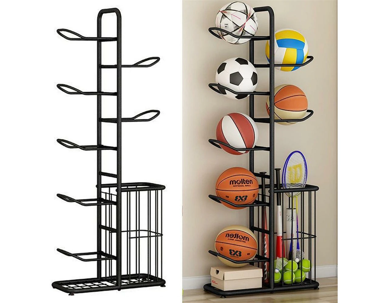 Basketball Ball Storage Rack Freestanding Sport Equipment Organizer With Basket