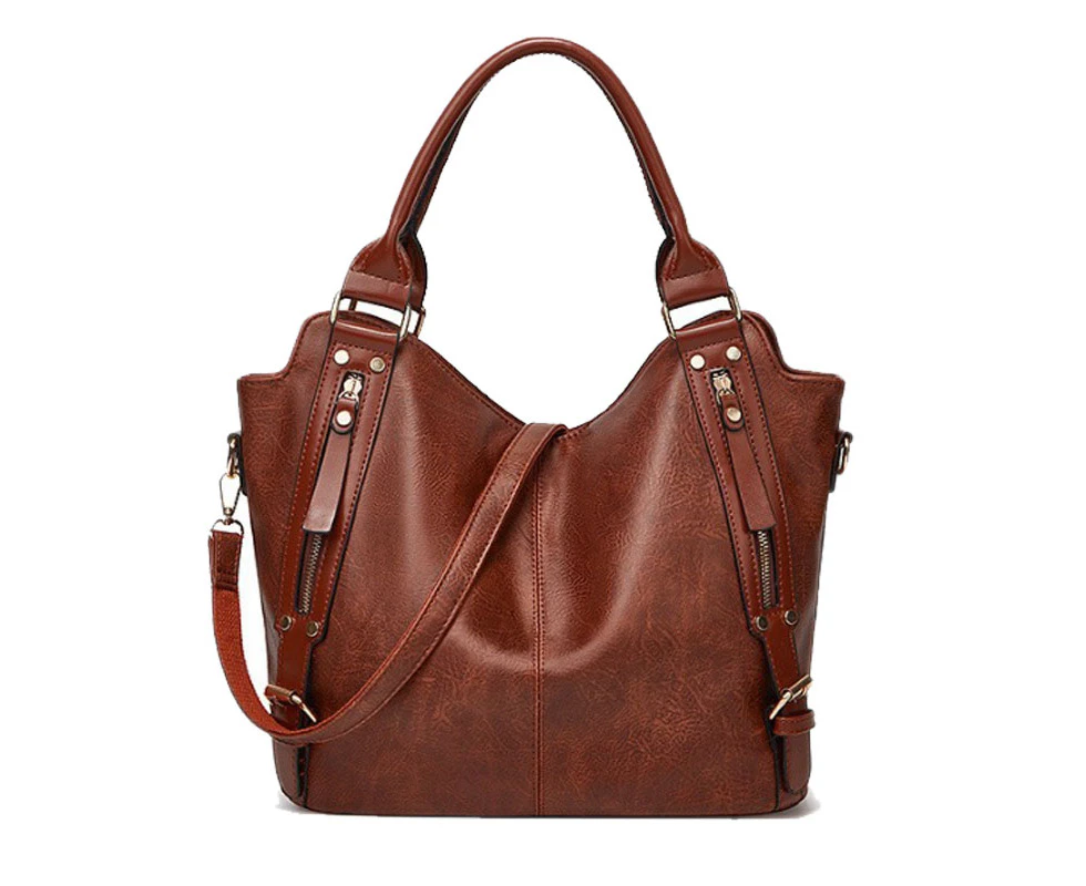 Tote Shoulder Bag With Two Side Pockets - Brown