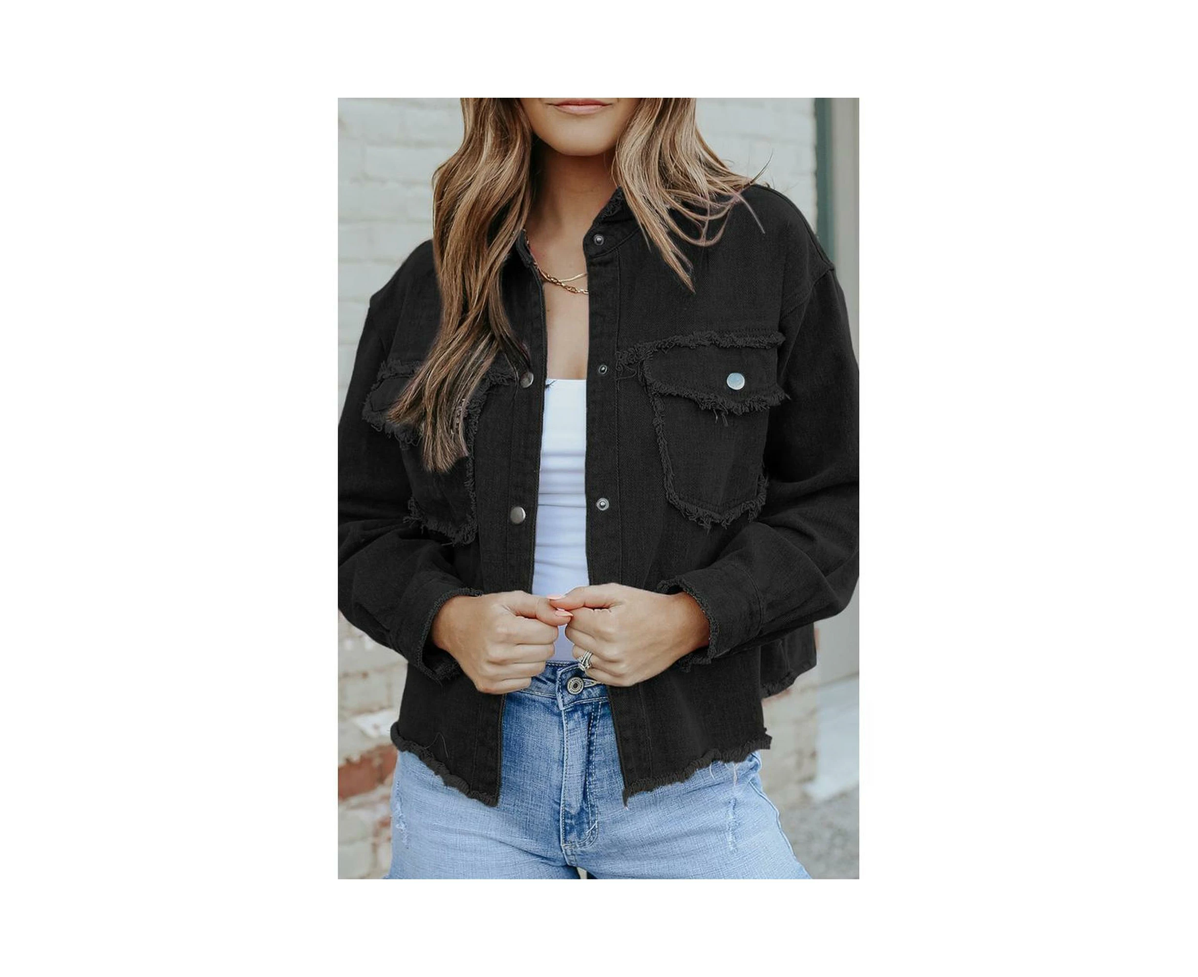 Distressed Denim Jacket with Flap Pockets and Frayed Hemline