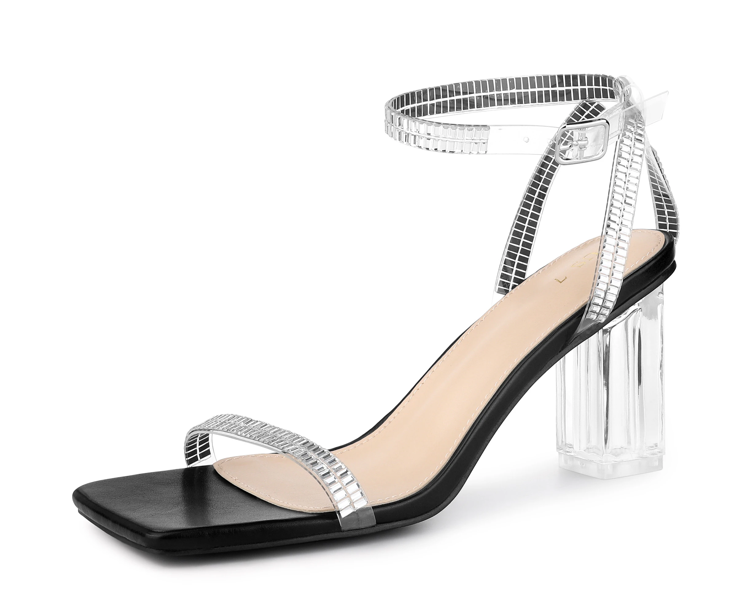 Perphy Square Toe Rhinestone Strap Clear Block Heels Sandals