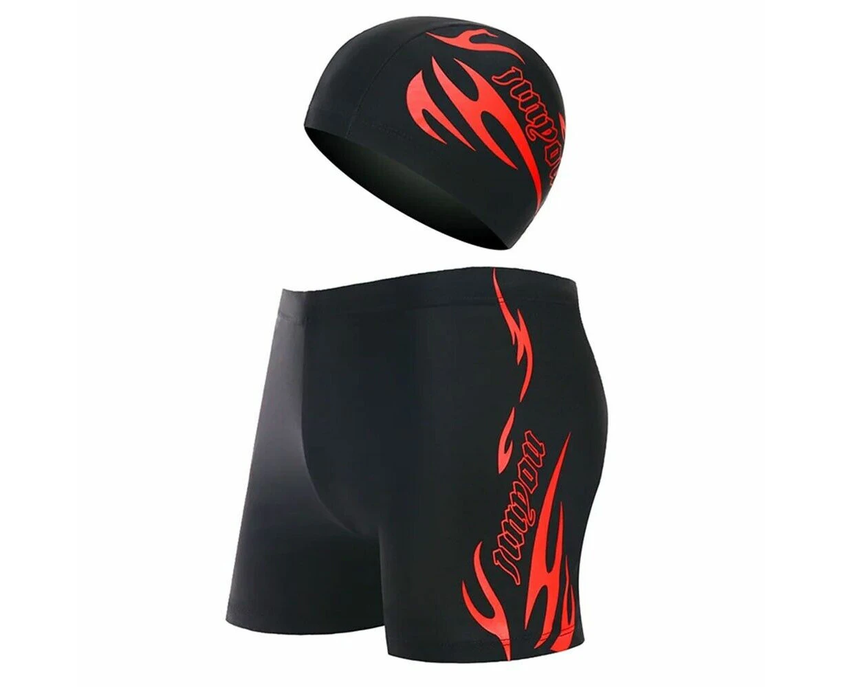 Red Mens Summer Swim Shorts Swimwear Swimming Underwear Boxer Pants Beach Cap