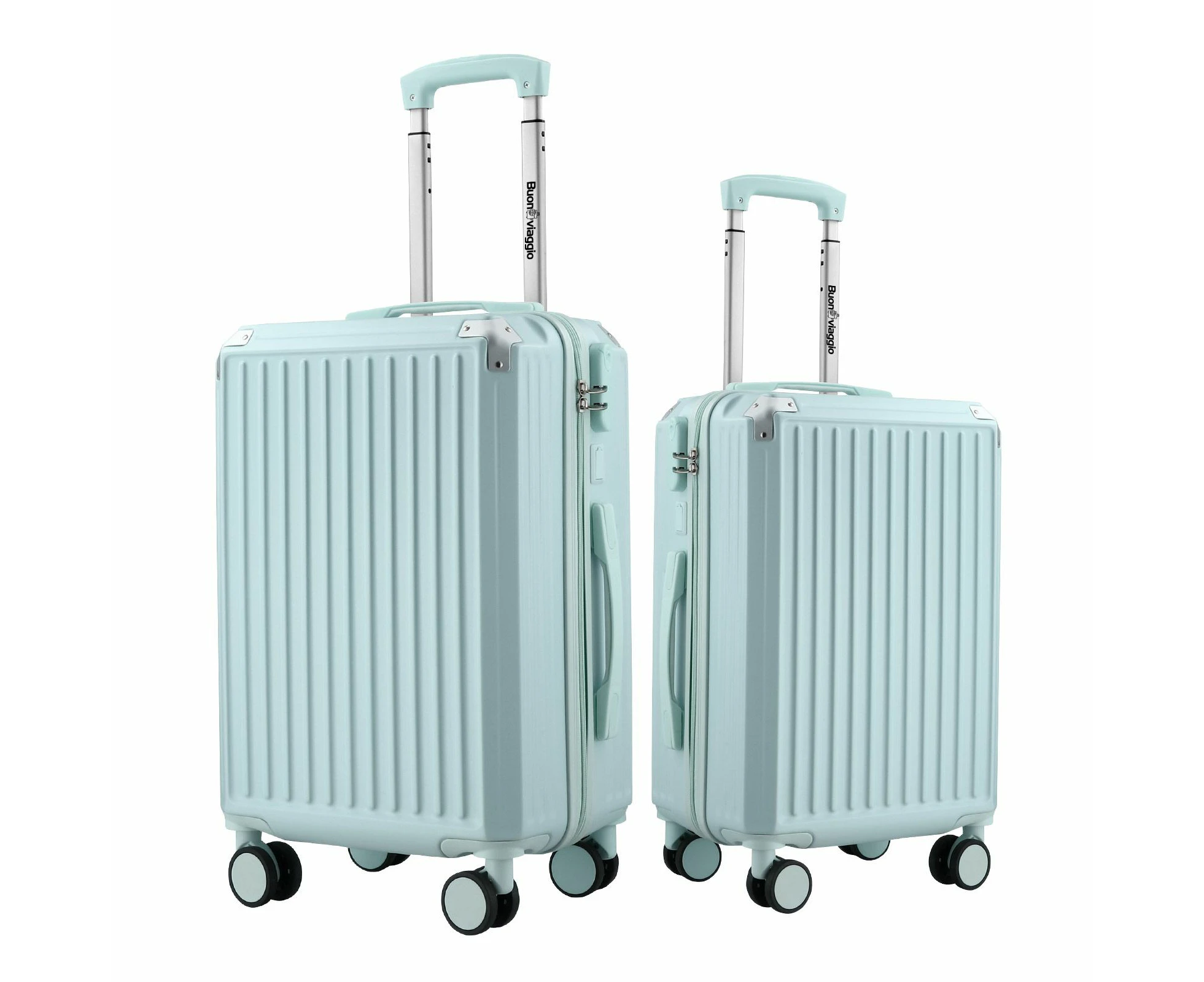 2 Piece Luggage Set Carry On Suitcases Travel Cabin Bags Lightweight Hard Shell Case Rolling Trolley USB Charging Port Cup Holder Mint Green