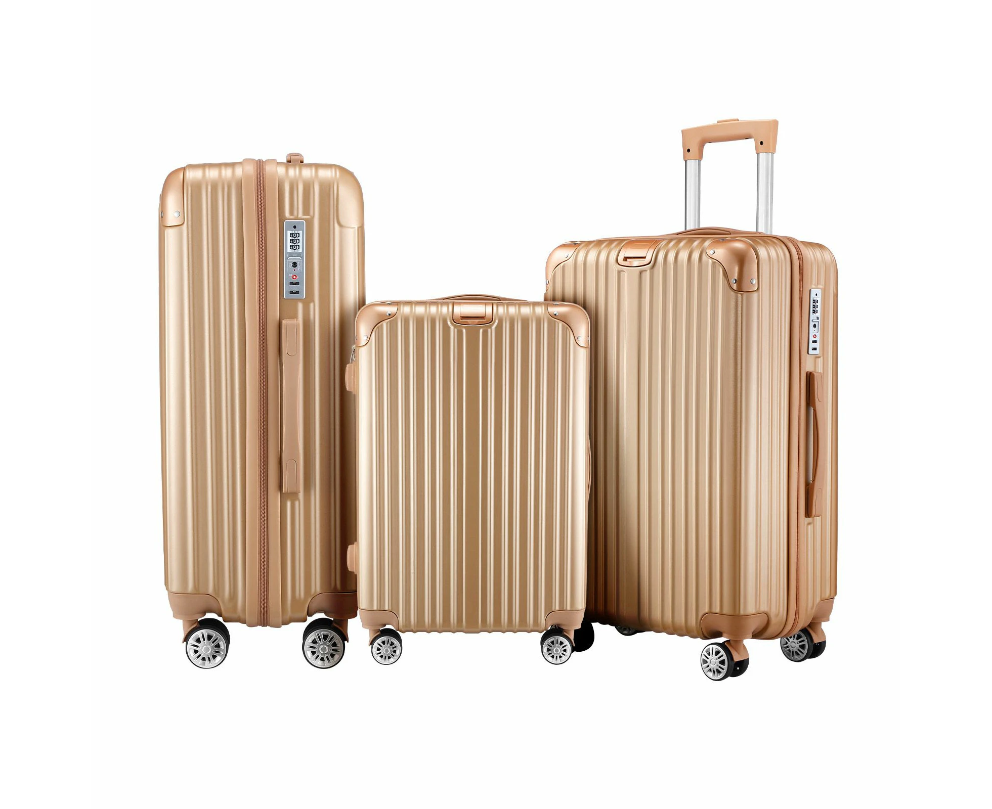 Luggage Suitcase Set 3 Piece Traveller Carry On Cabin Checked Bag Trolley Lightweight Hard Case TSA Lock Cover 6 Packing Cubes Champagne Gold