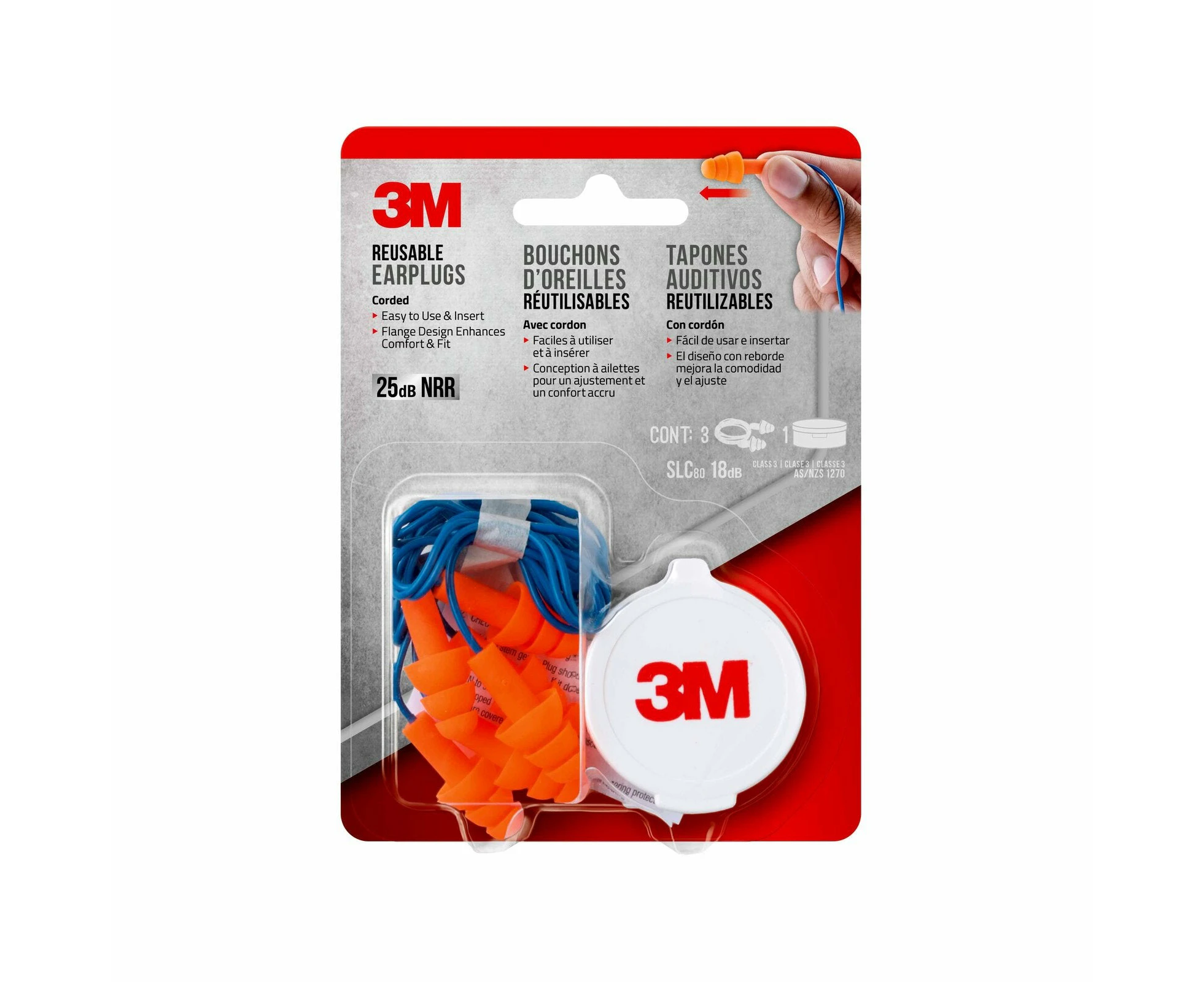 3M(TM) Corded Reusable Earplugs With Case - 3 Pairs