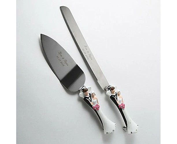 Bride Groom Cake Server Set Wedding Cake Knife and Silver Blade Server Set Boxed - Bride Groom Handles