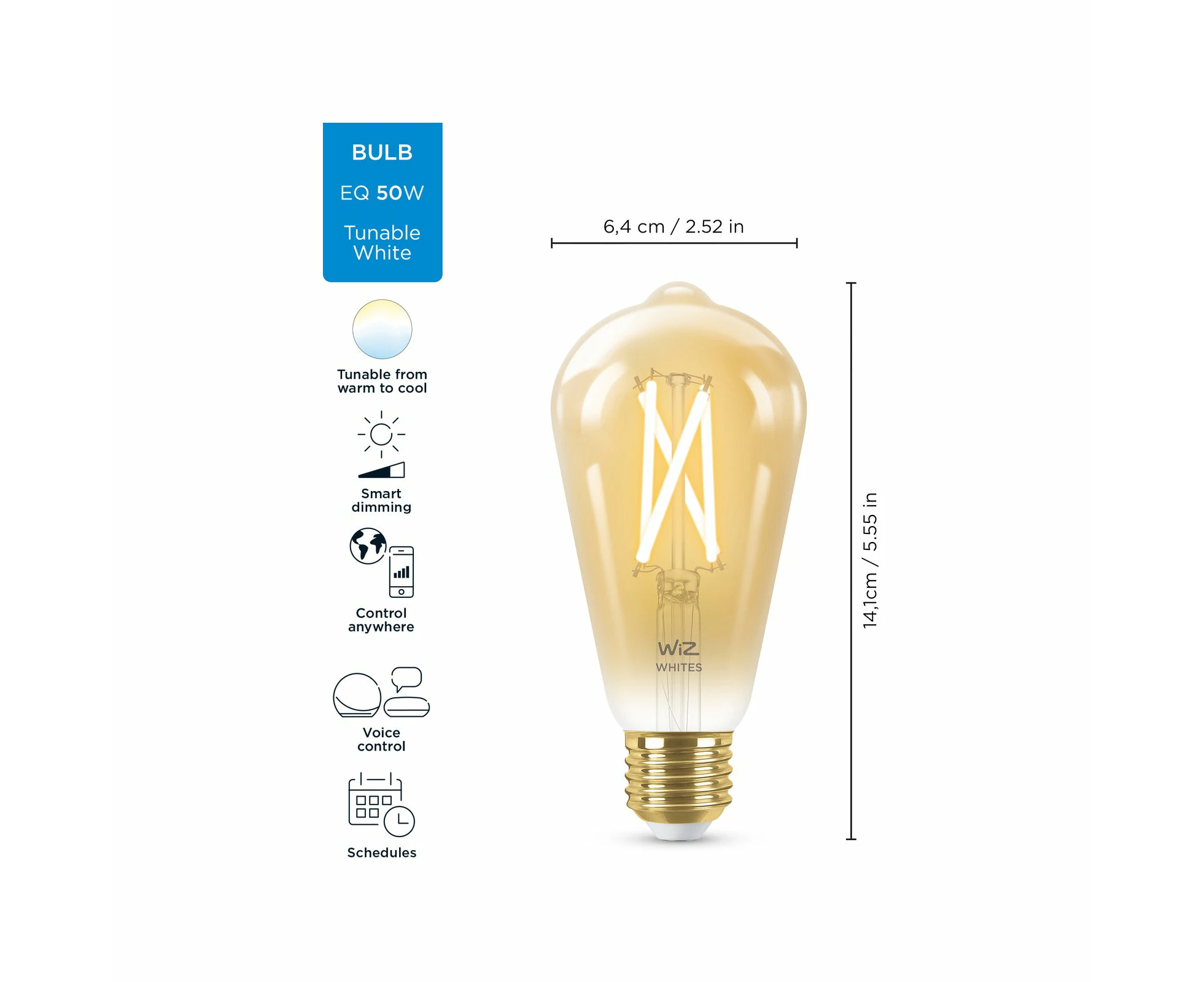 WIZ ST64 E27 LED 640Lm Tuneable White 7W Smart Filament Globe