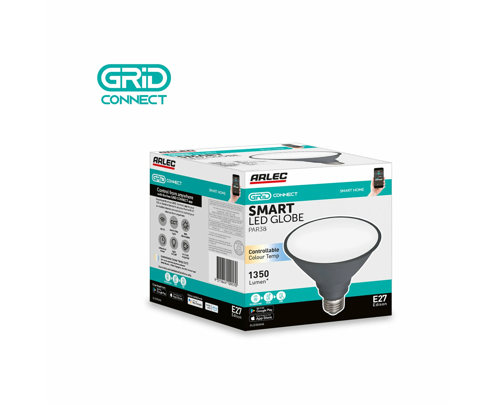 Arlec Grid Connect Smart PAR38 E27 LED 1350lm 15W CCT Globe