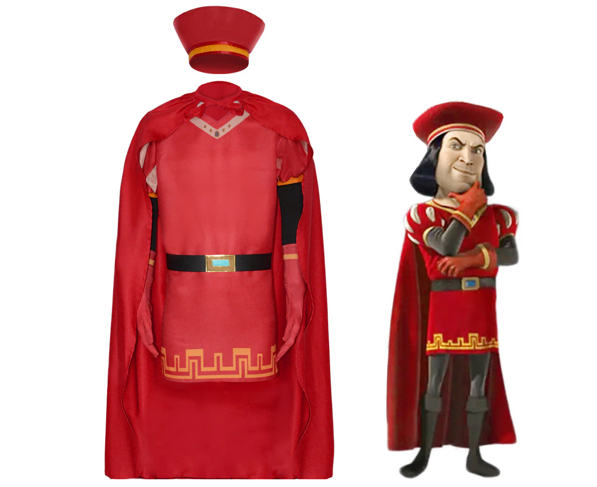 Halloween Cosplay Costume, Anime Lord Farquaad Cosplay Costume, Red Hat Cape Robe Knight Suit