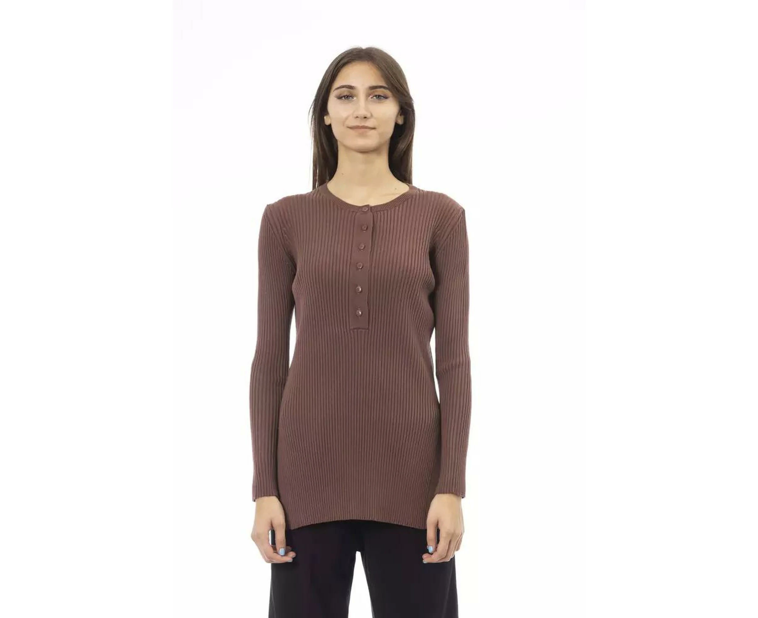 Viscose Crew-neck Sweater with Button Closure