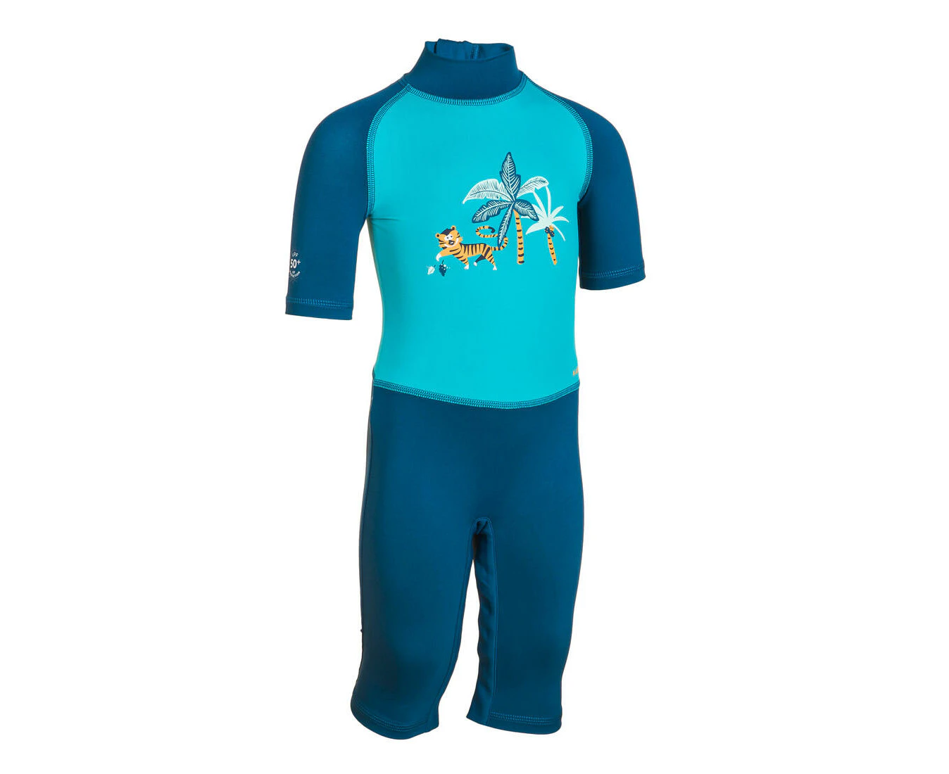 DECATHLON NABAIJI Baby/Kid's Swimming Wetsuit Short-sleeved Anti-UV - Tiger Print - Petrol Blue