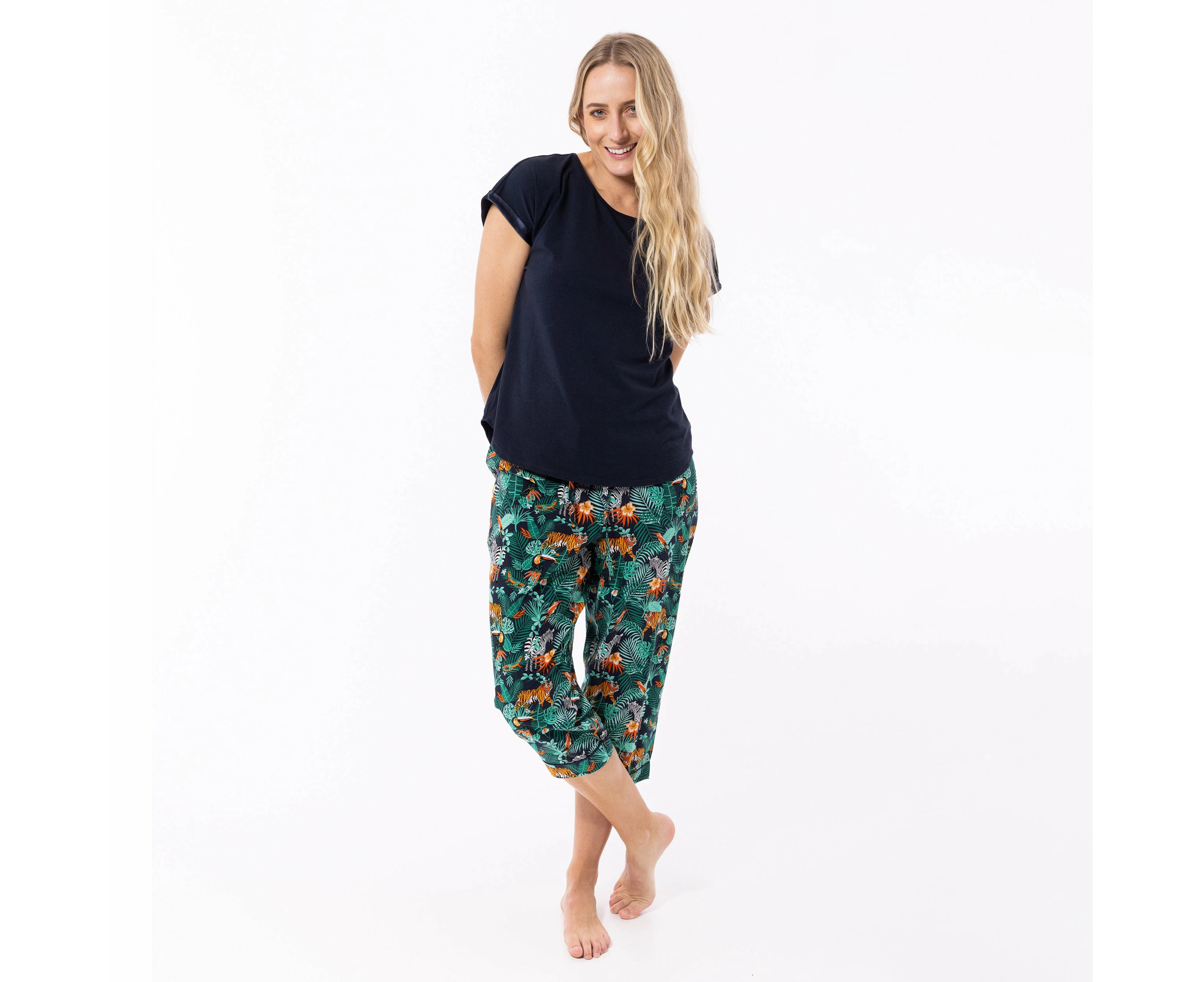 Mitch Dowd - Women's Dark Jungle Woven Pant and Knit Tee Pyjama Set - Navy