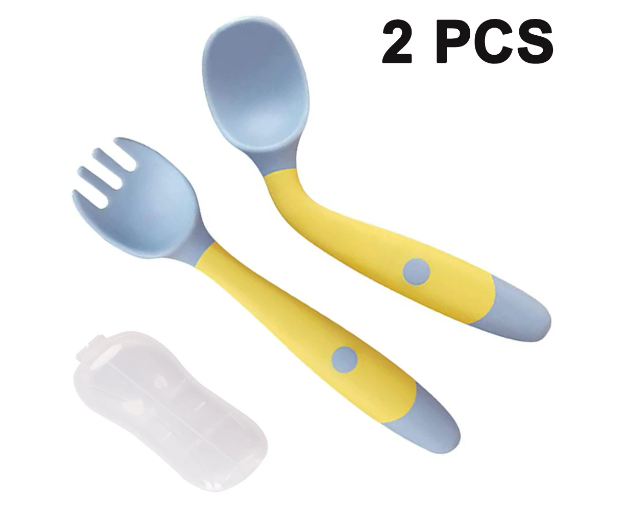 Baby Utensils Spoons Forks 2 Sets, Cute Toddlers Feeding Training Spoon and Fork Tableware Set Easy Grip Heat-Resistant Bendable BPA