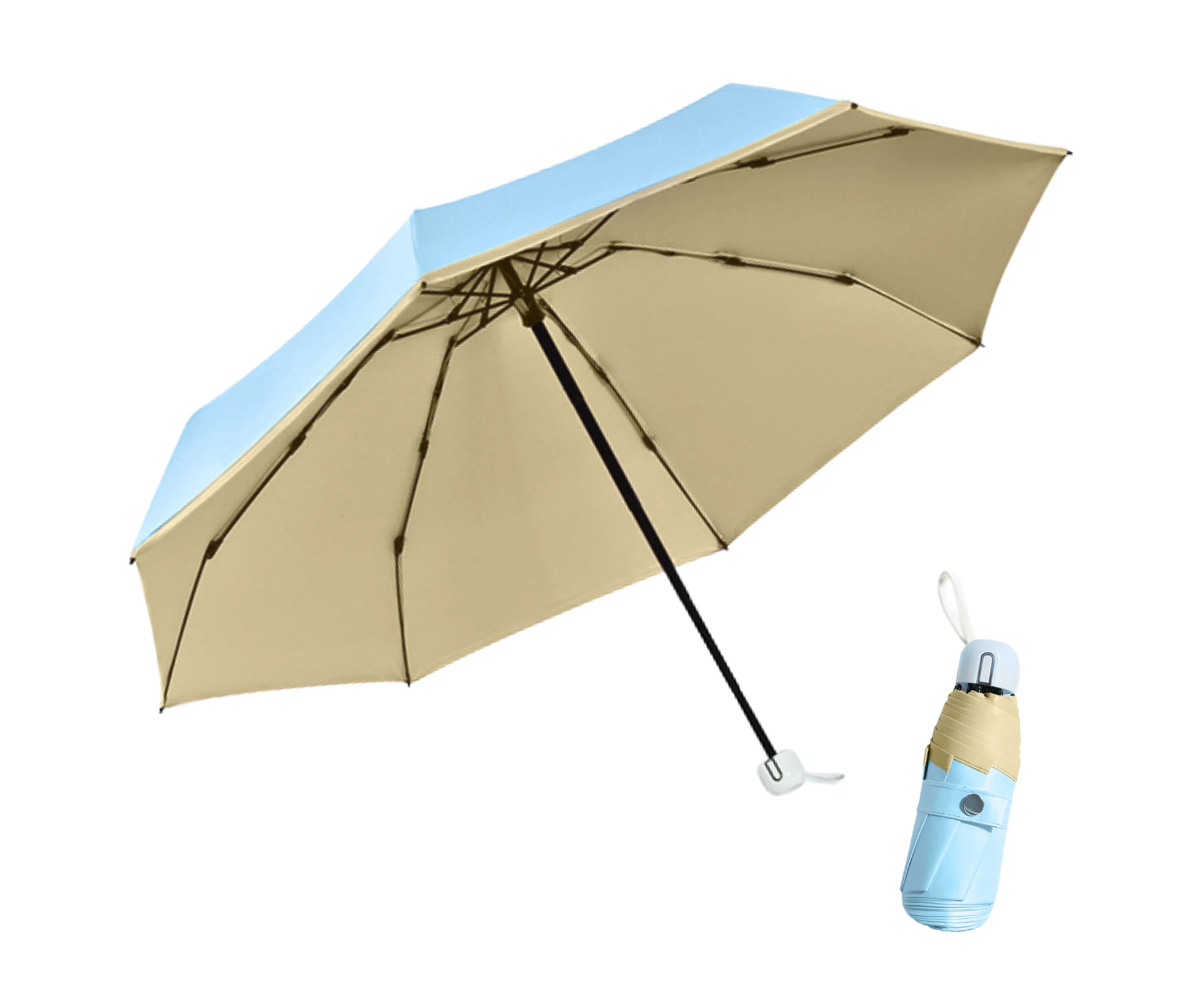 Pocket Mini Umbrella UPF50+ with 8-Rib Frame for Sun and Rain - UV Protection - Windproof Lightweight Umbrella - OZ Smart - Beige/Blue