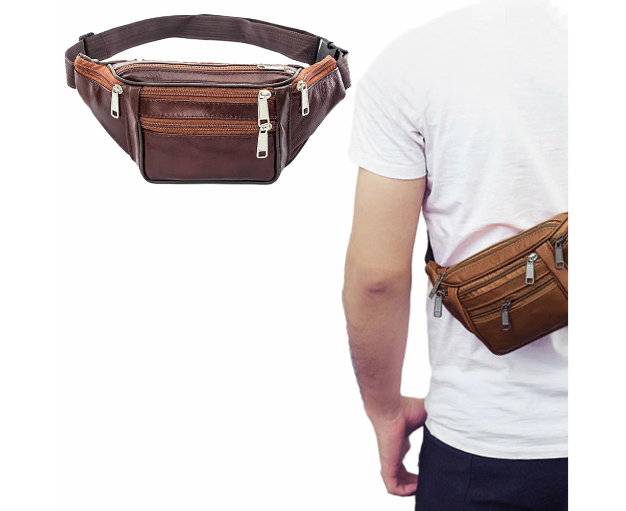 Multi-pocket Fanny Pack Leather Waist Bag Bum Bag Brown