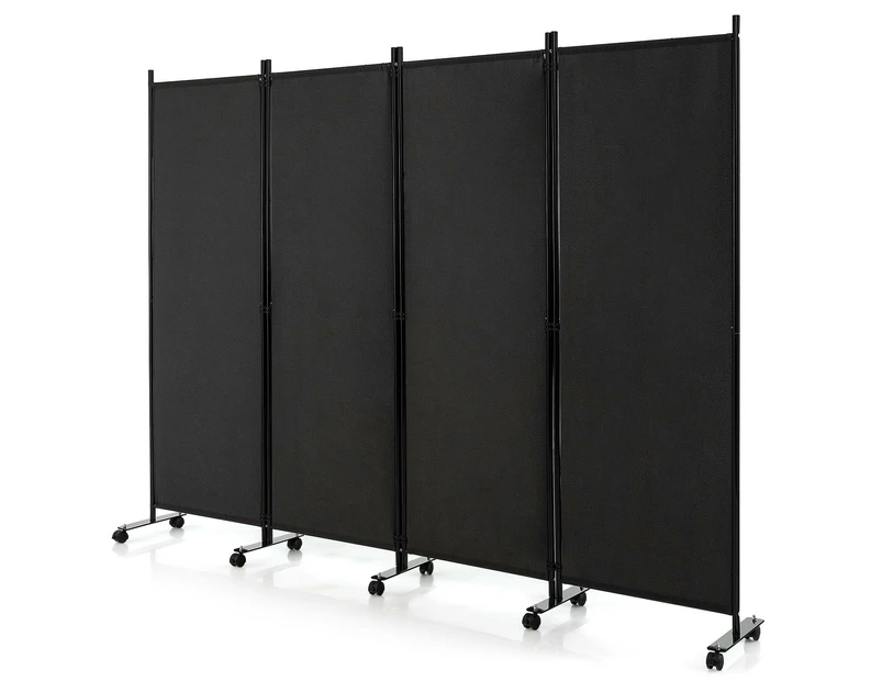 Costway 4-Panel Folding Room Divider 1.73m Rolling Privacy Screen w/ Lockable Wheels Black