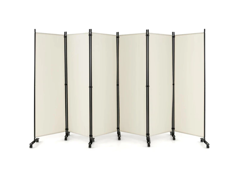 Costway 6-Panel Folding Room Divider 1.72m Rolling Privacy Screen w/ Lockable Wheels White