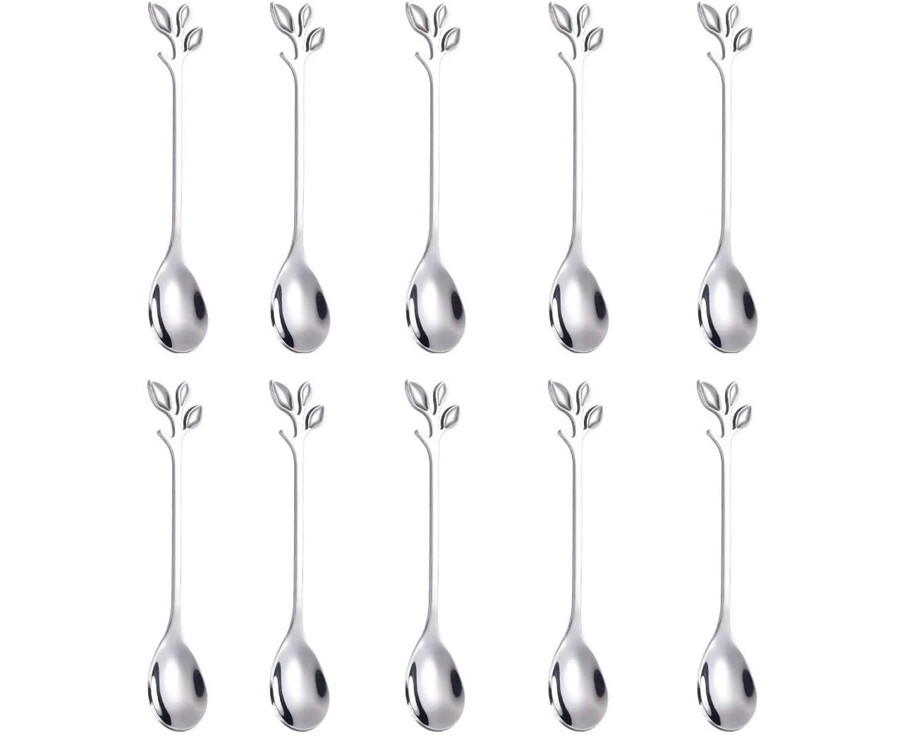 Stainless Steel Leaf Coffee Spoon-10 Pcs Creative Tableware Dessert Spoons, Stirring, Mixing, Sugar, Stir, Ice Cream, Cake, Teaspoon Set-10 silver spoons