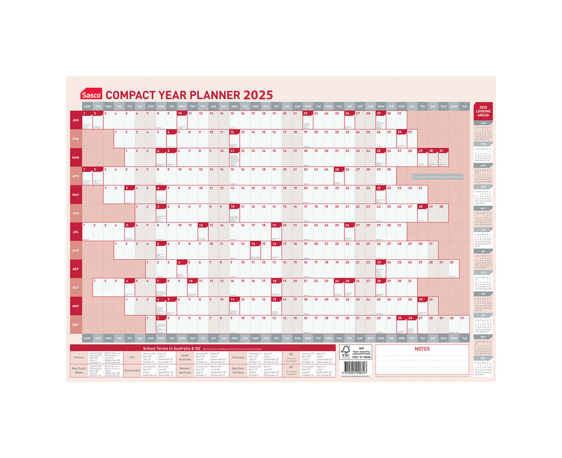 2025 Year Planner Sasco 594x420mm Compact Wall 1043525