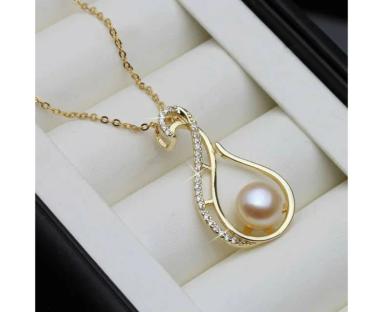 Designer Freshwater Pearl Twirl Simulated Diamond Necklace in Gold - Pink