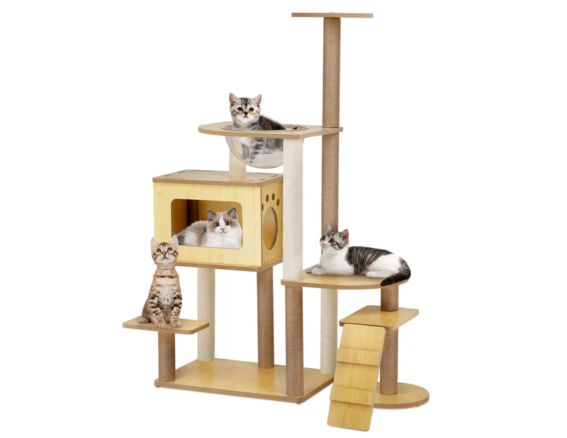 Advwin Cat Tree, 135cm Cat Tower for Indoor Cats, Wood Multi-Level Cat Condo with 6 Scratching Posts, Perch, Cave, Ramp and Hammock