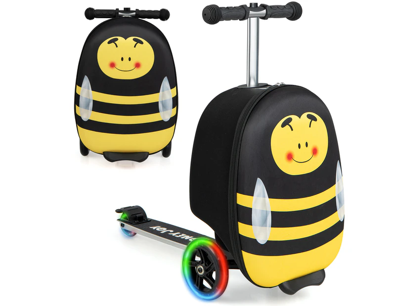 2-in-1 Kids Suitcase Scooter Set Foldable Ride-on Luggage w/LED Lit Wheels Bee Pattern