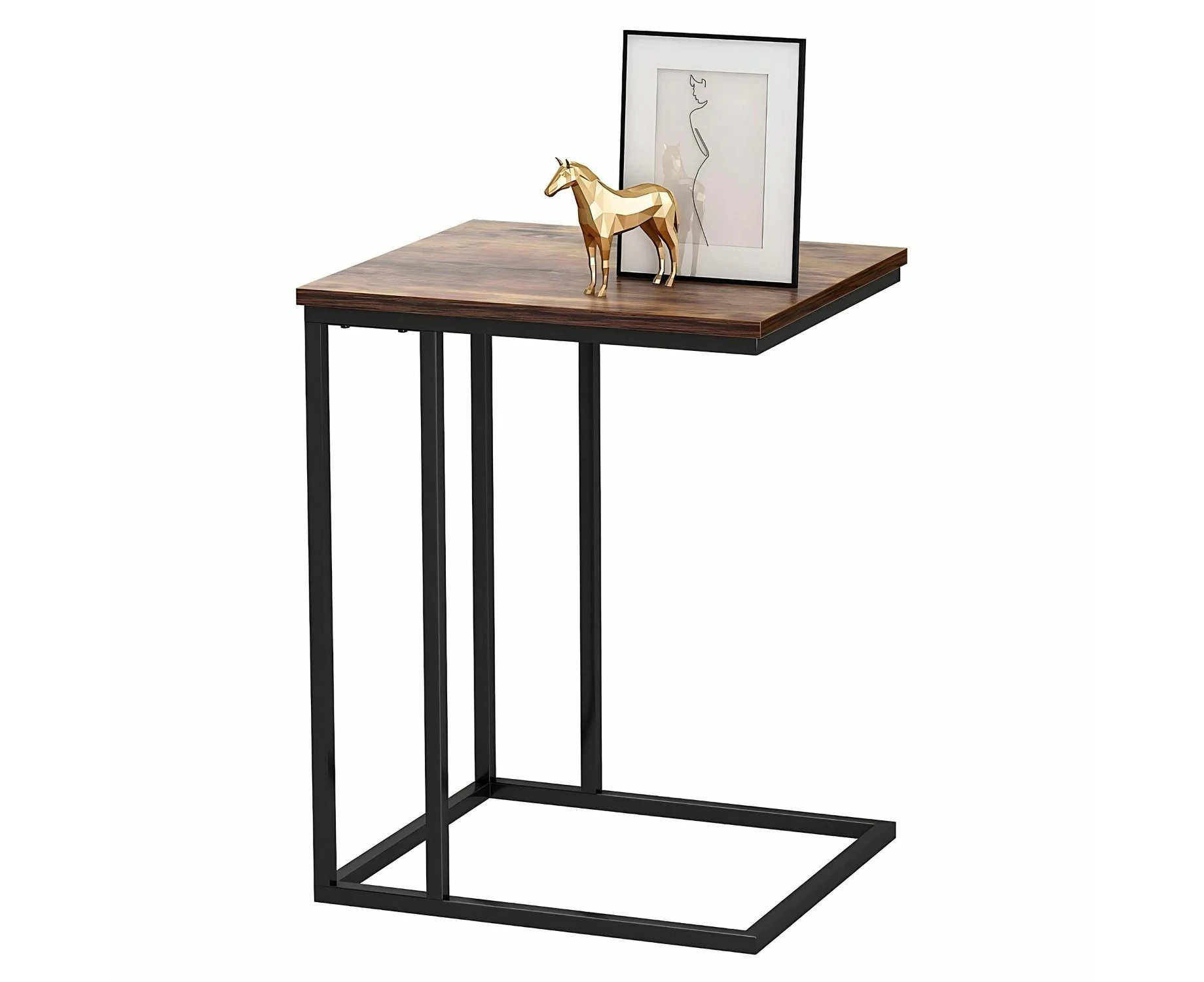 EKKIO C Shaped End Table Sofa Side Bedroom Nightstand Metal Frame Anti Slip Base (Walnut)