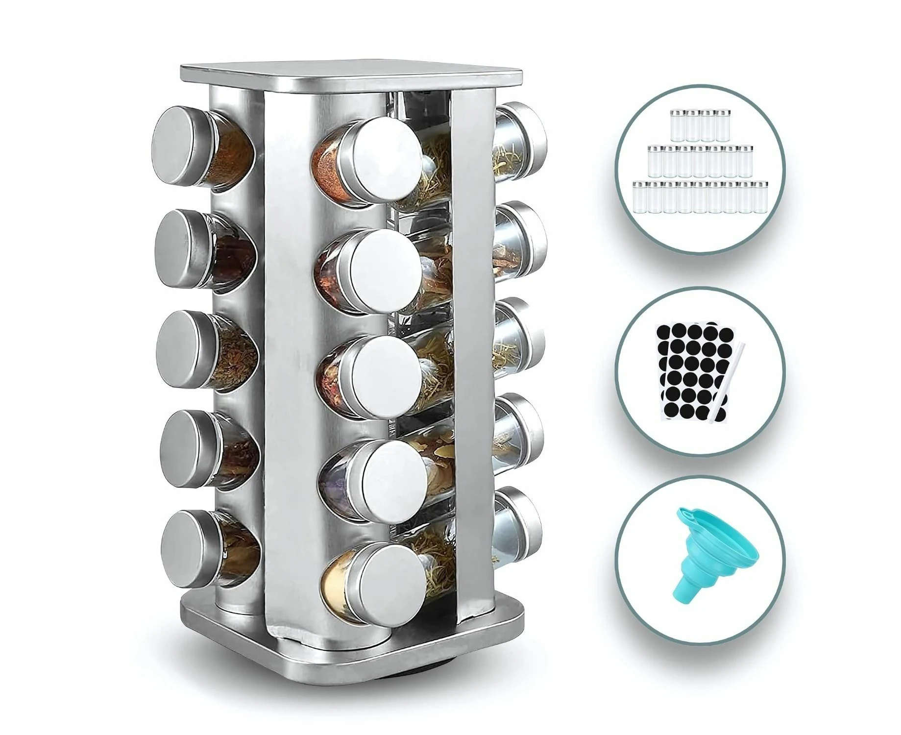 GOMINIMO Square Rotating Spice Rack Holder Organizer 20 Jar Label Sticker Silicone Funnel