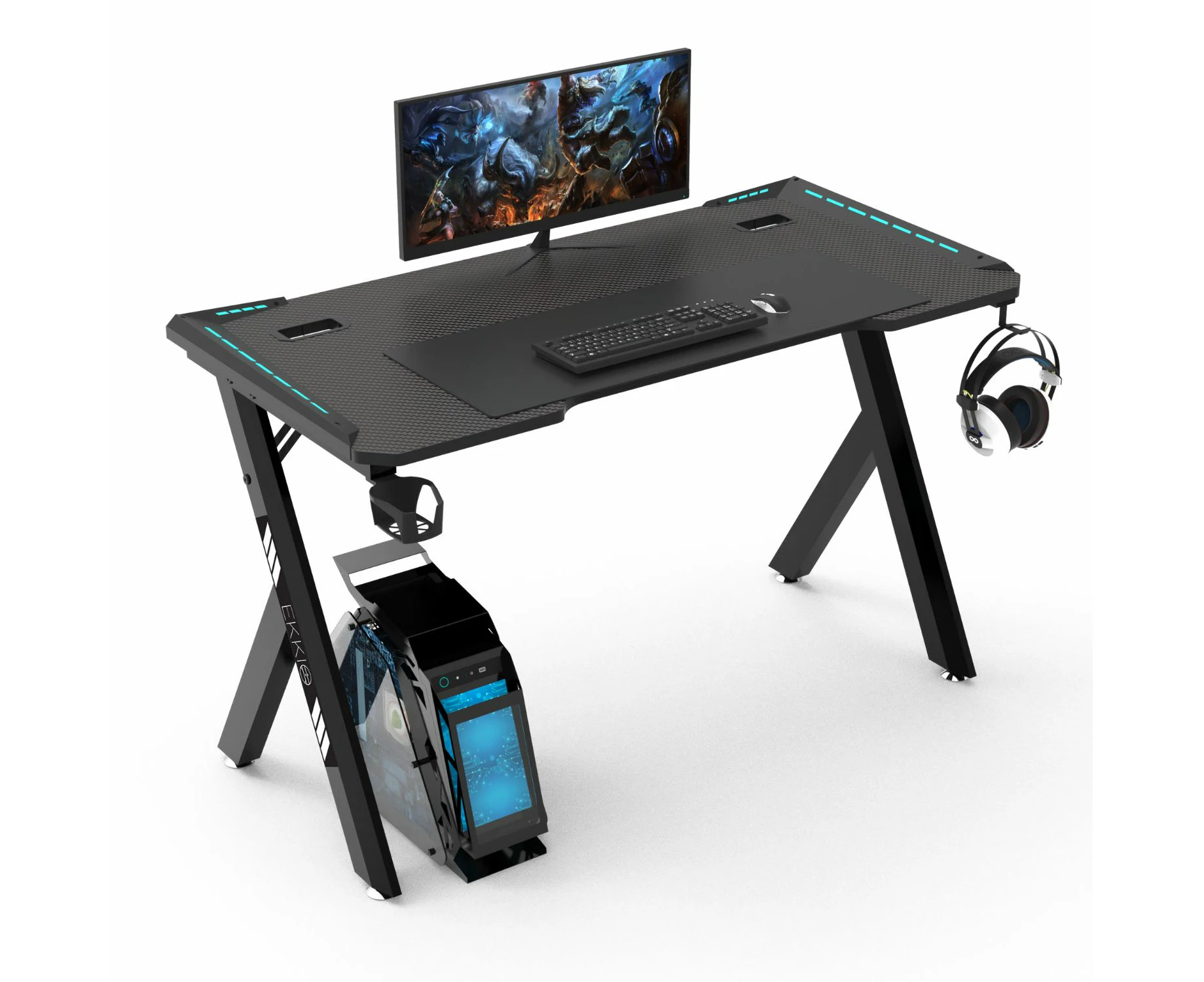 Ekkio RGB Gaming Desk 120cm ( Y Shape, Black ) - Carbon Fibre Textured