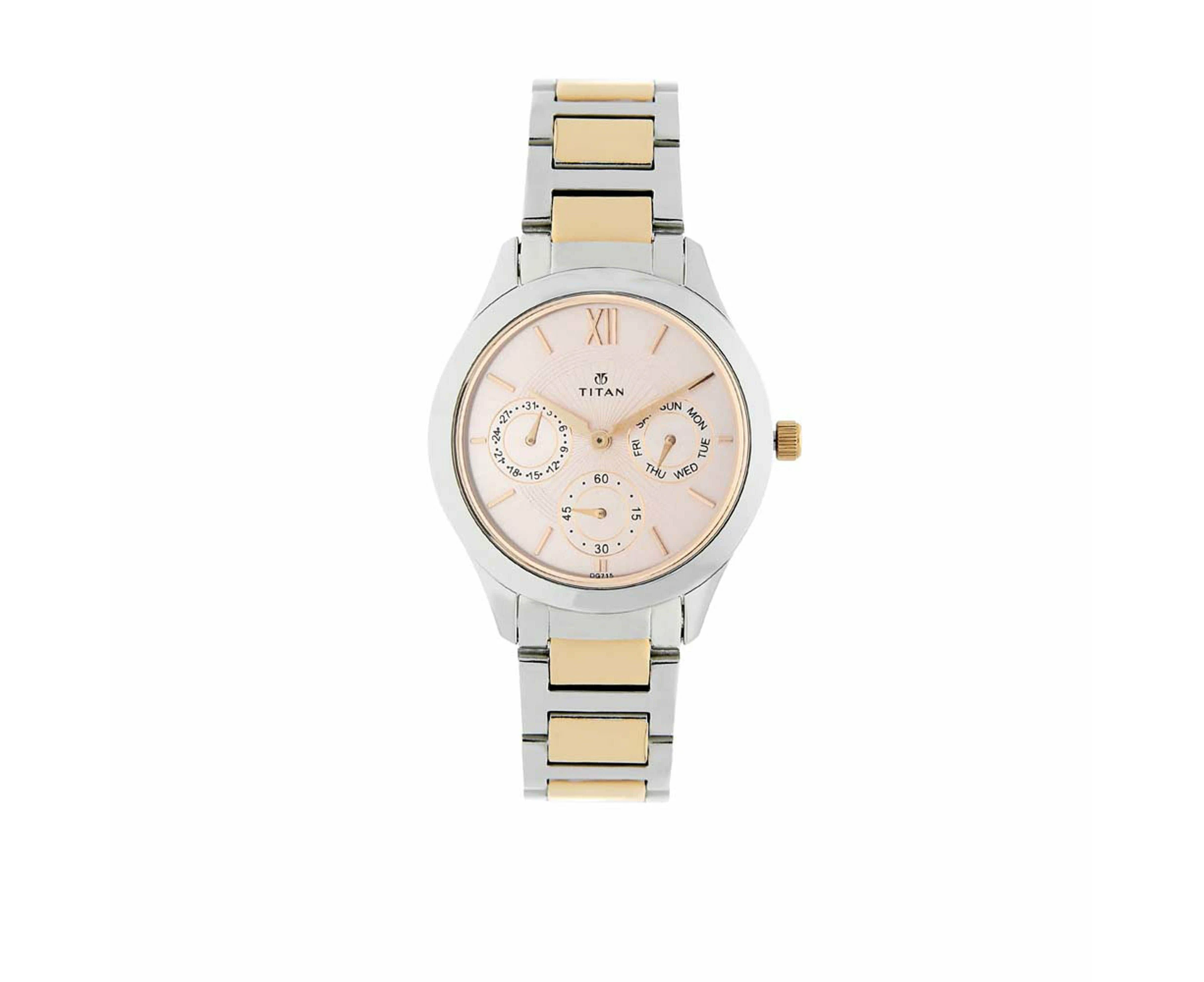 Titan Workwear Pink Dial Analog with Day and Date Stainless Steel Strap Watch for Women