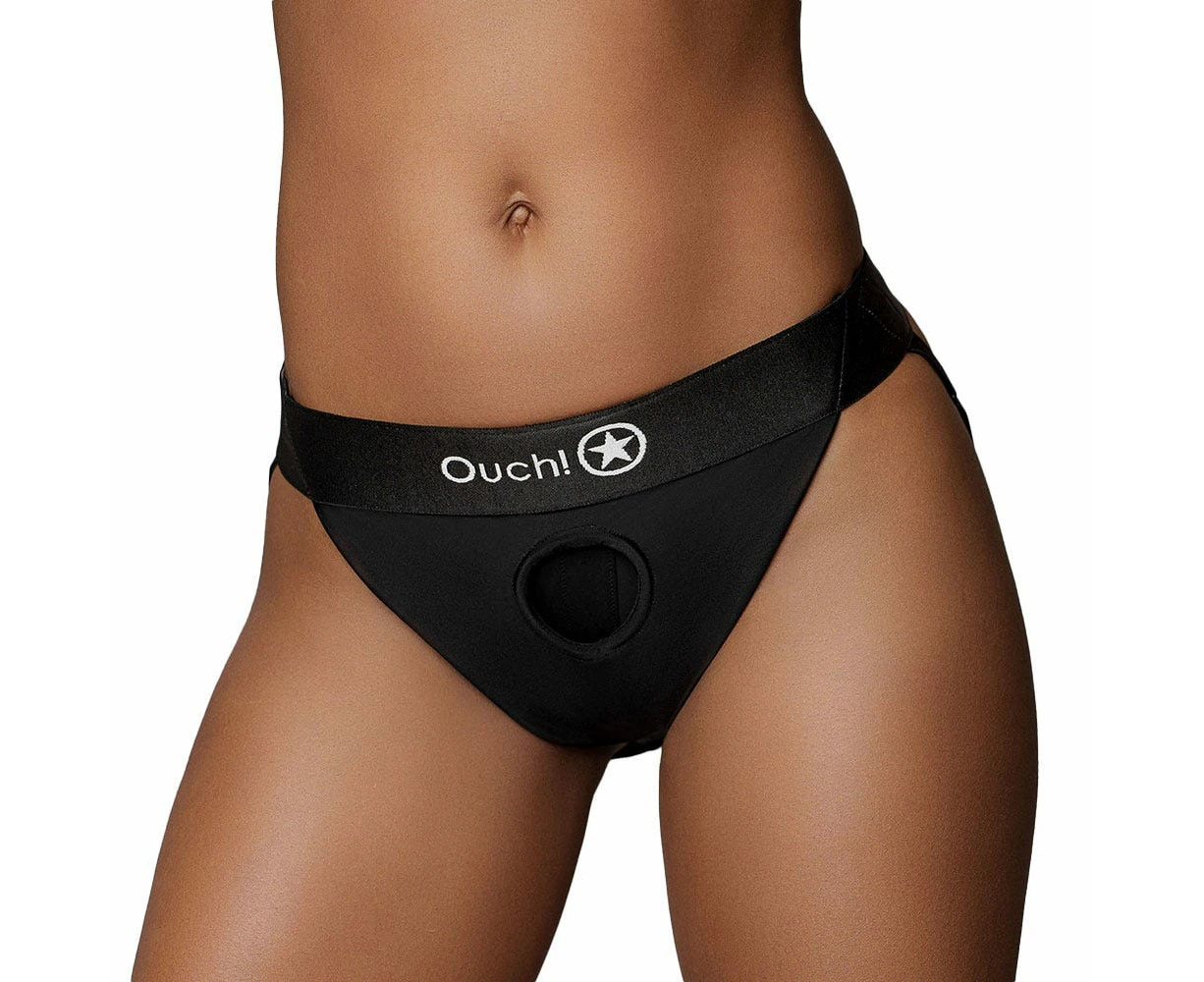 Ouch! Vibrating Strap On Panty Harness with Open Back & Rechargeable Bullet - Black - M/L