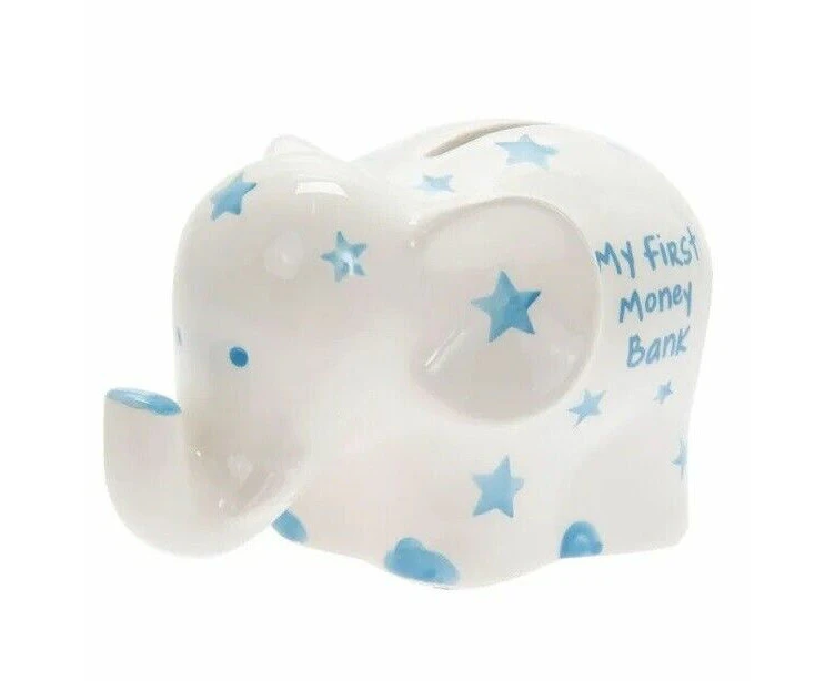 My First Money Bank Elephant Money Box Small Ceramic White with Stars - Blue