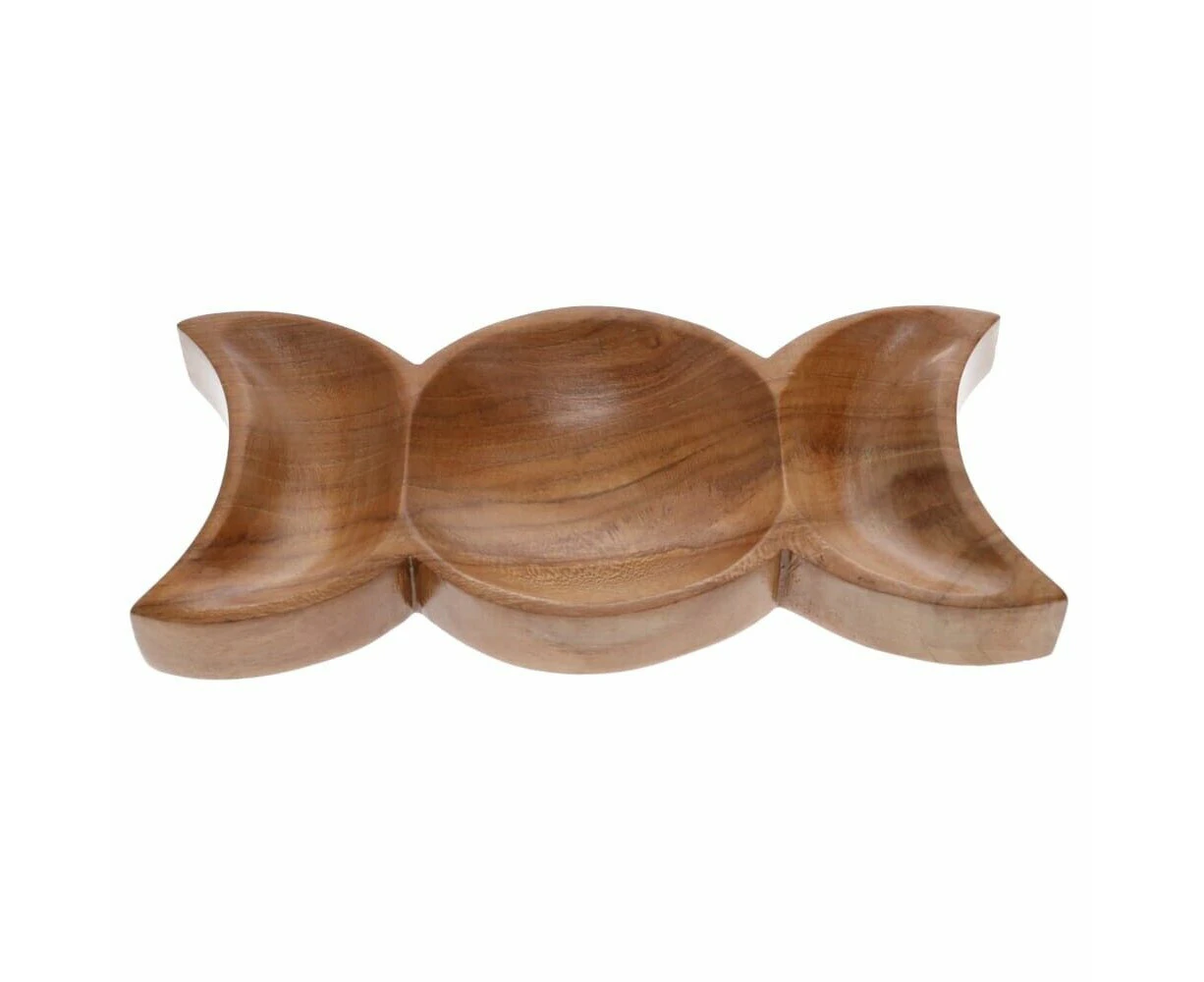 Teak Wood Bowl Triple Moon Dish Trinket Tray Crystals Jewellery Wooden 22x10x2cm