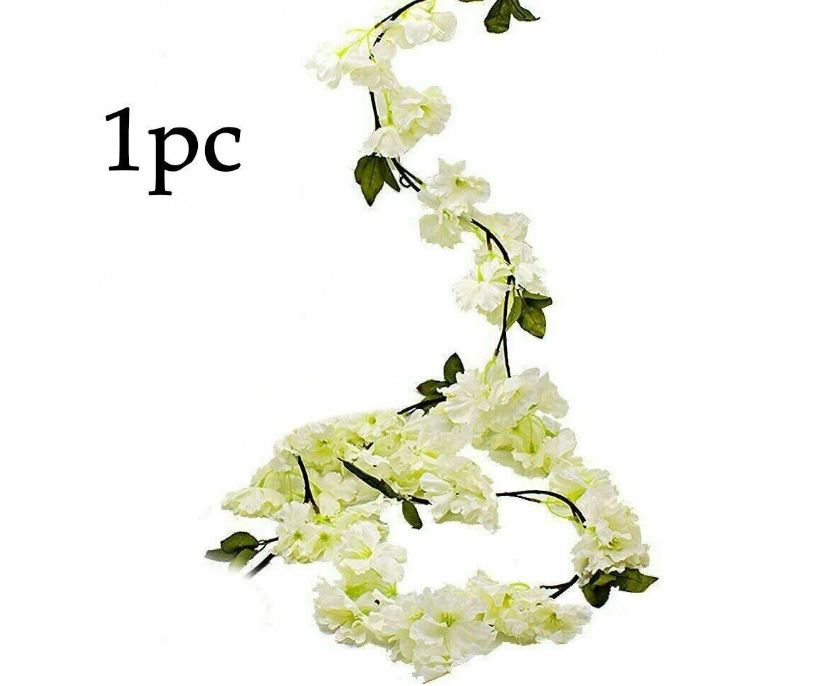 1x Artificial Silk Sakura Flowers Fake Vine Hanging Garland Floral 2.1M -White