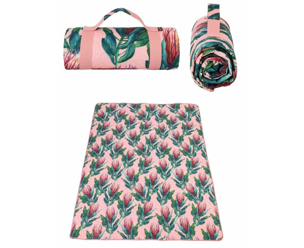 1pc Picnic Rug with Carry Handle Sachi Beach Outdoor Mat Protea 175x142cm