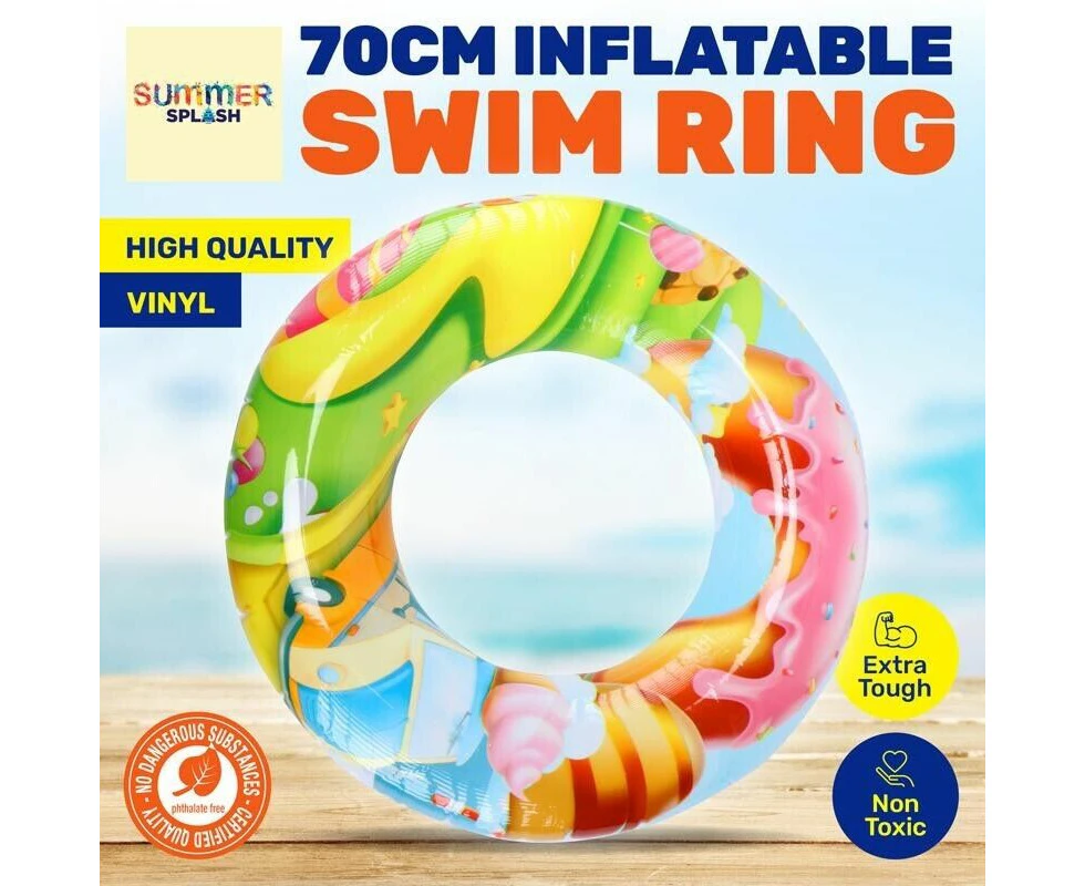 Inflatable Swim Rings Candyland Design Summer Fun Beach Toy Pool Holidays 70cm