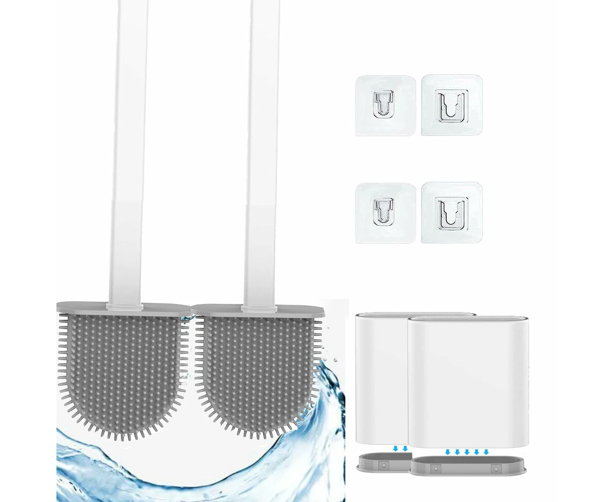 Silicone Toilet Brush-Soft Flat with Holders,Toilet Brush and Holder Set Wall Mounted and Standing (2 White)