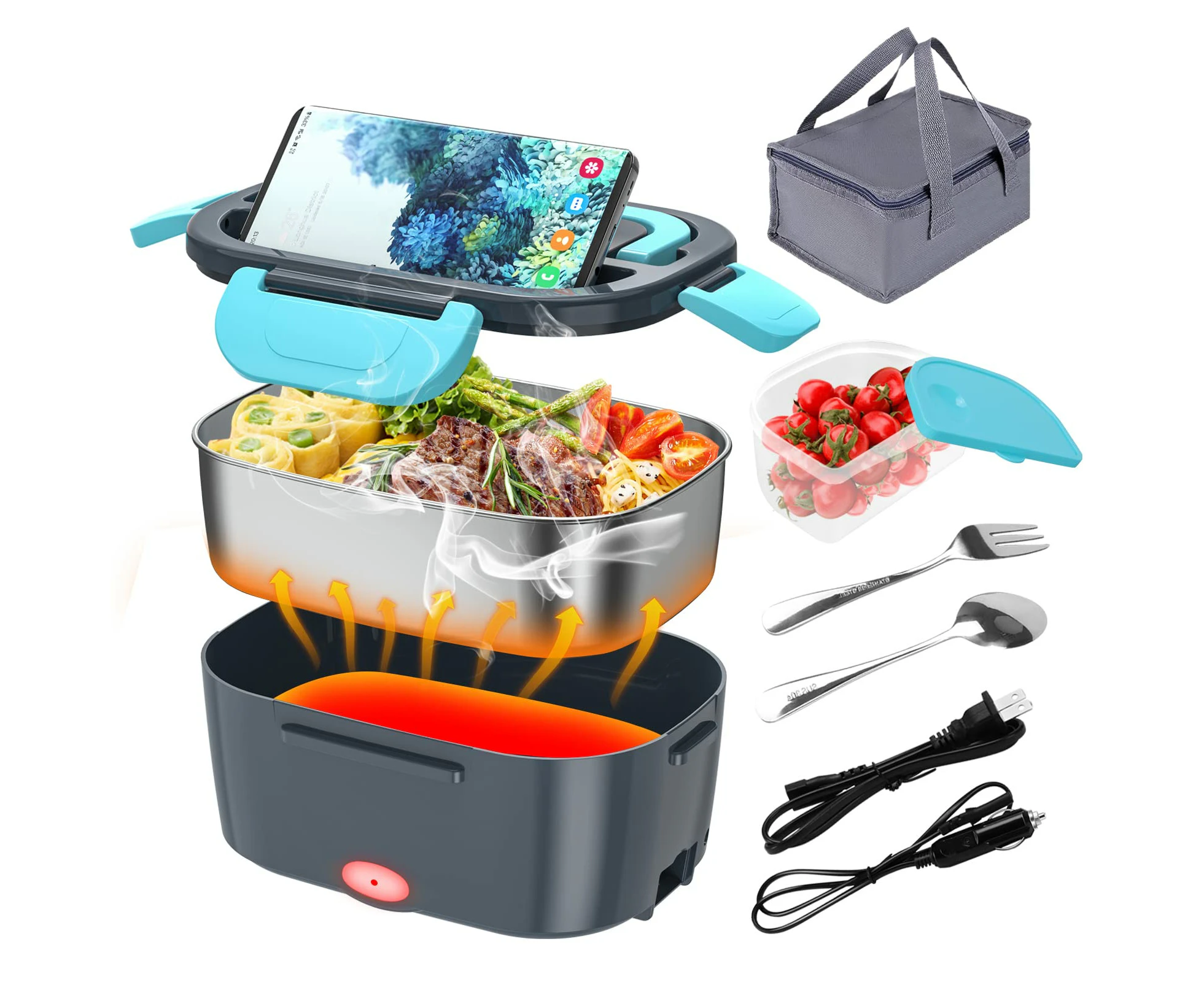 1.5L Electric Lunch Box, Food Warmer Heater Faster Heated Lunch Box for Car/Truck/Home Portable Heating Boxes with 304 SS Container Fork Spoon