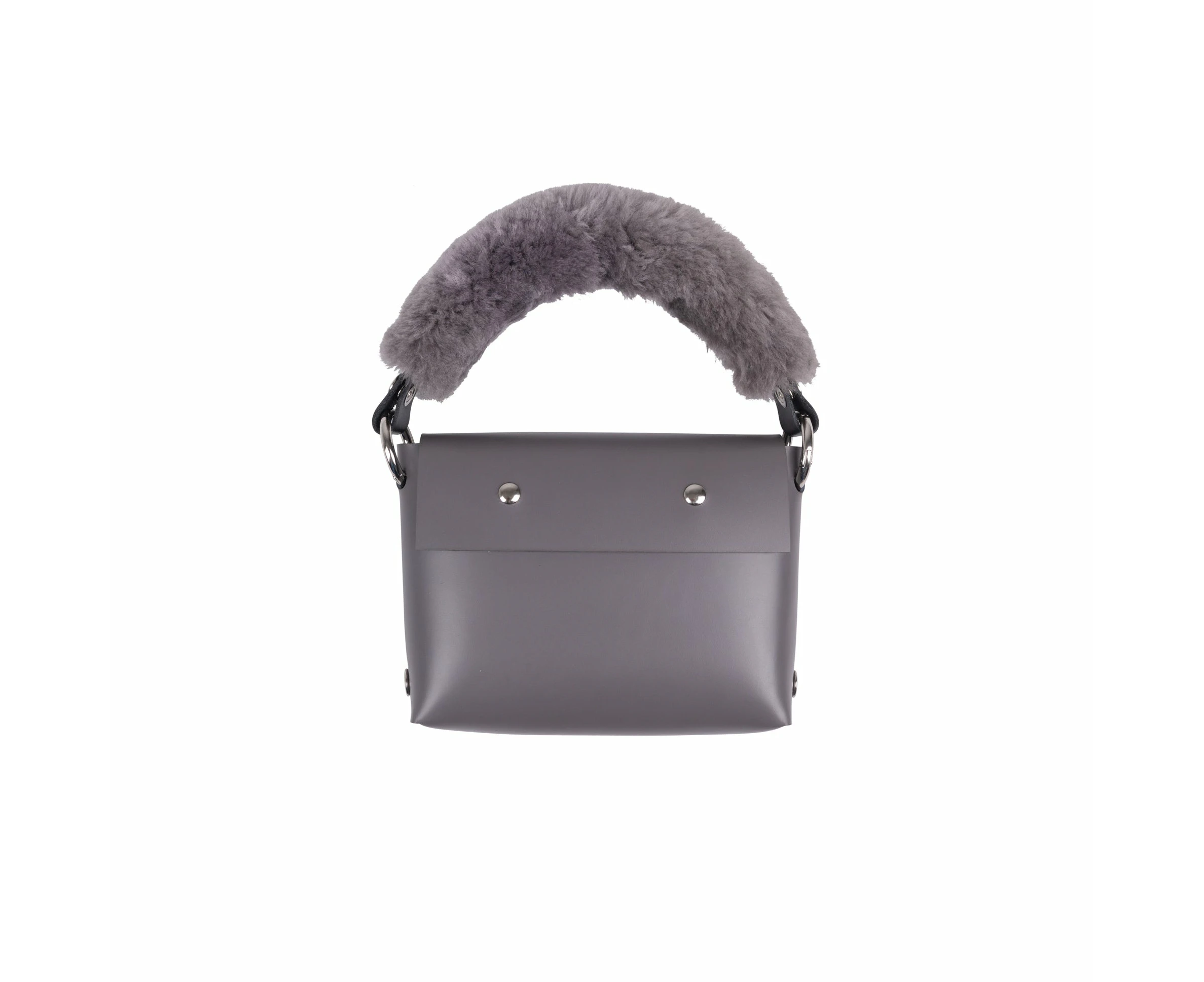 Katya Komarova Leather Handbag w/Fur Handle - Grey/Wide Black Strap