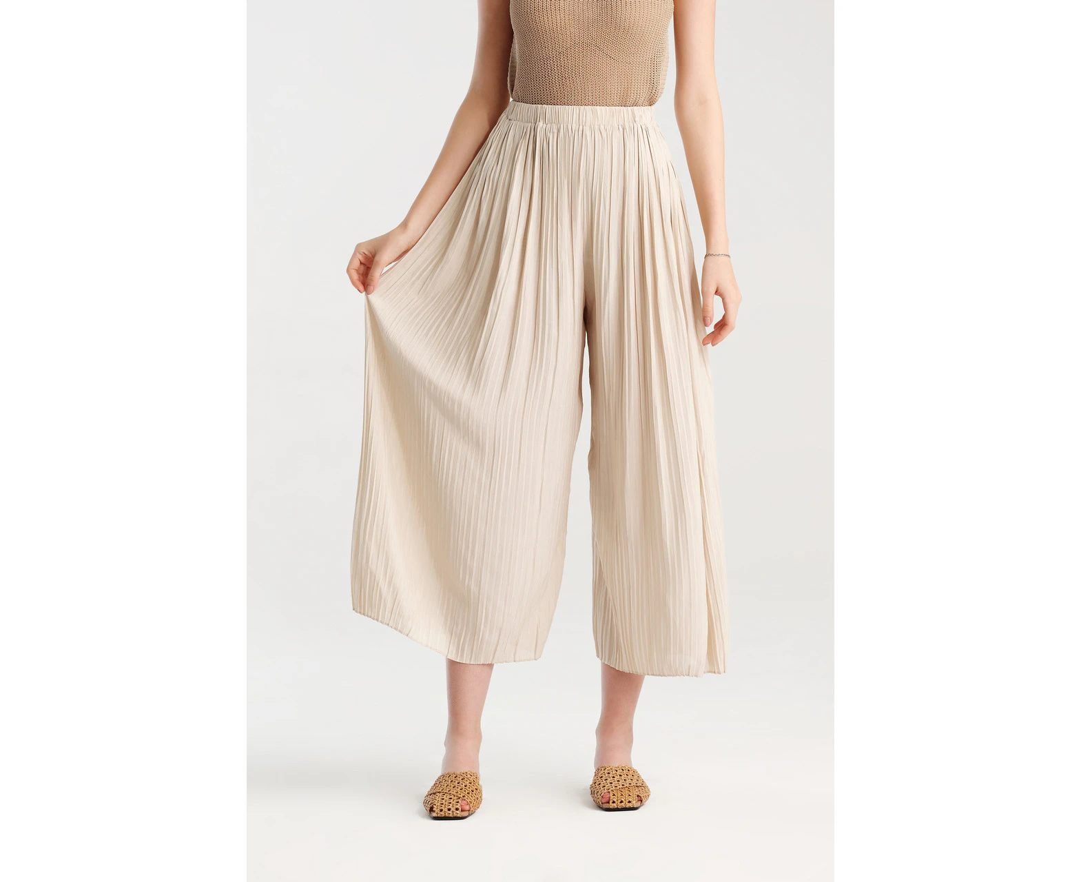 OJAY Women's Pleats Wide Leg Pants - Beige