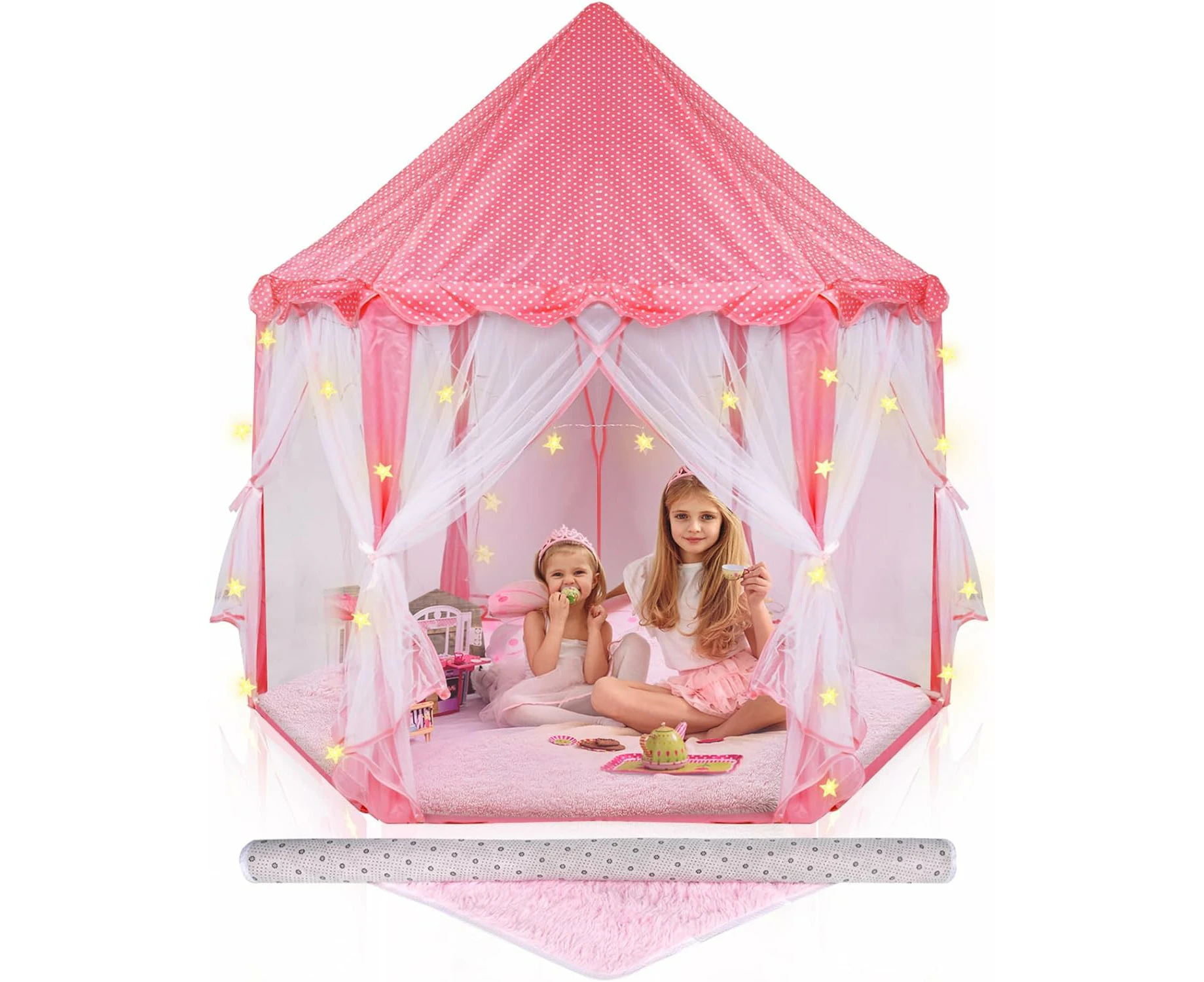 Princess Castle Play Tent for Girls with Rug and LED Lights