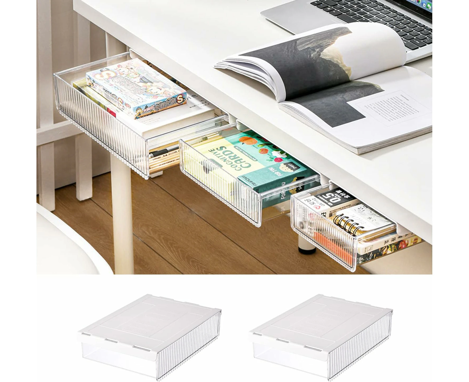 Under Desk Drawer Organizer: Attachable, Hidden, Self-Adhesive, Plastic - 2 Sets