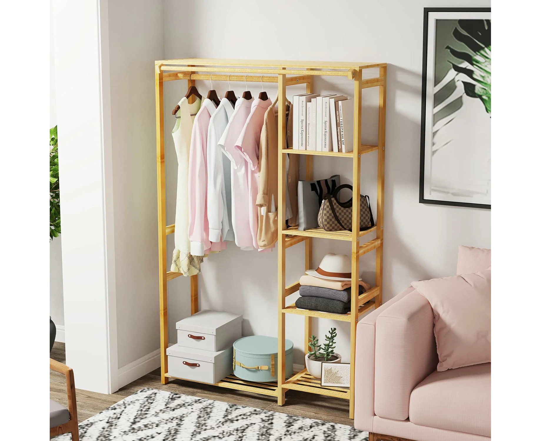 Bamboo Clothes Rack with Shelves - Open Wardrobe for Hallway, Bedroom, Living Room