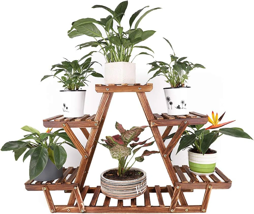 6 Tier Wooden Plant Stand for Indoor Use - Triangular Flower Rack 28 x 10 x 23