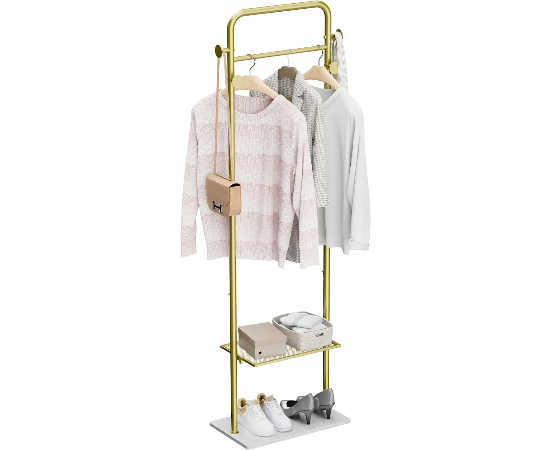 Metal Coat Rack Stand with Marble Base - Heavy Duty Garment Rack with Shelves and Hooks