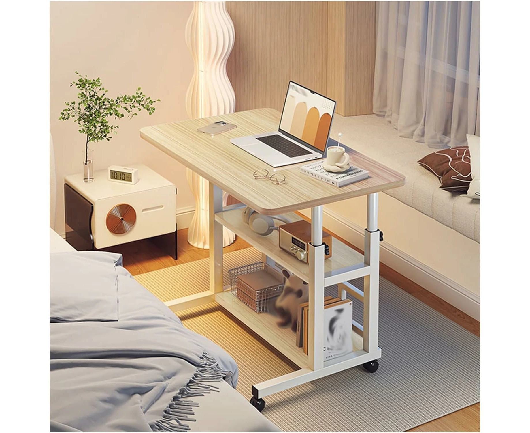 Adjustable Height Standing Desk for Small Spaces with Wheels and Storage - Oak