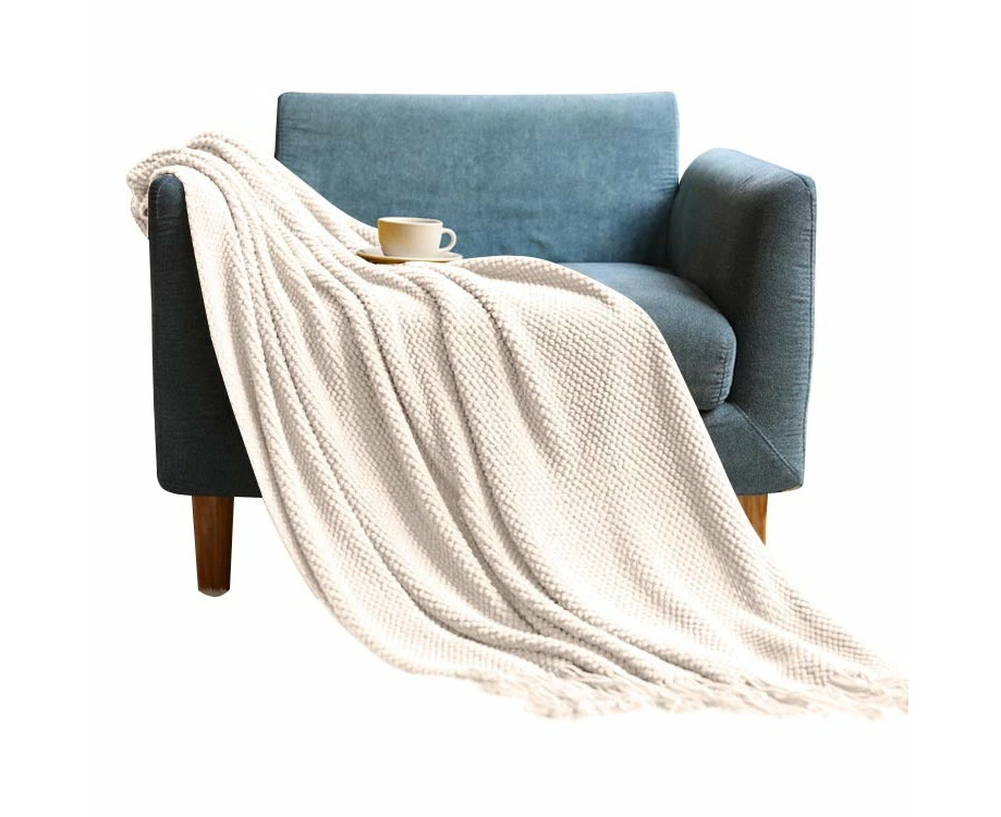 Anyhouz  127*172cm White Blanket Home Decorative Thickened Knitted Corn Grain Waffle Embossed Winter Warm Tassels Throw Bedspread