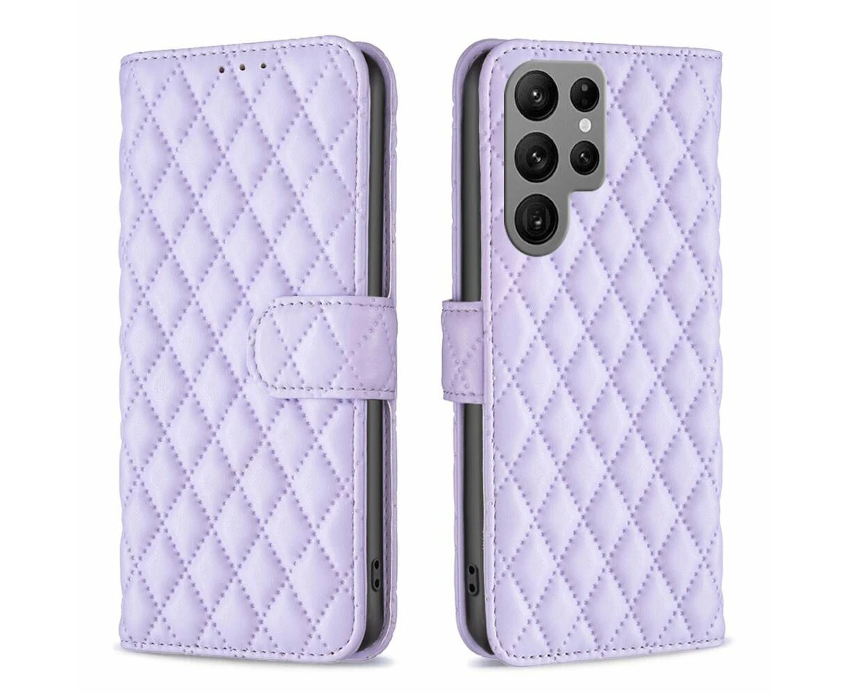 Samsung Galaxy S24 Ultra 5G Case Diamond Lattice PU Leather Wallet - Purple