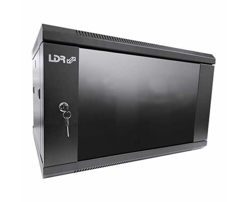 LDR Assembled 6U Wall Mount Cabinet (600mm x 450mm) Glass Door - Black Metal Construction - Top Fan Vents - Side Access Panels