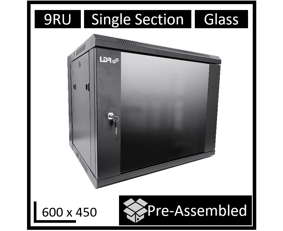 LDR Assembled 9U Wall Mount Cabinet (600mm x 450mm) Glass Door - Black Metal Construction - Top Fan Vents - Side Access Panels