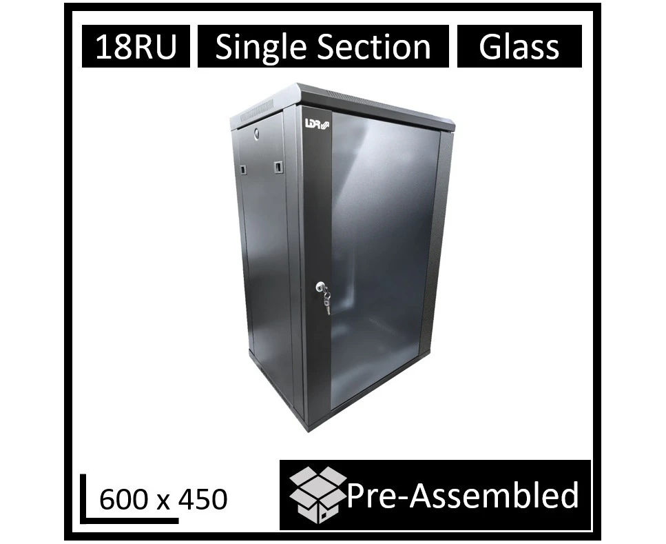 LDR Assembled 18U Wall Mount Cabinet (600mm x 450mm) Glass Door - Black Metal Construction - Top Fan Vents - Side Access Panels